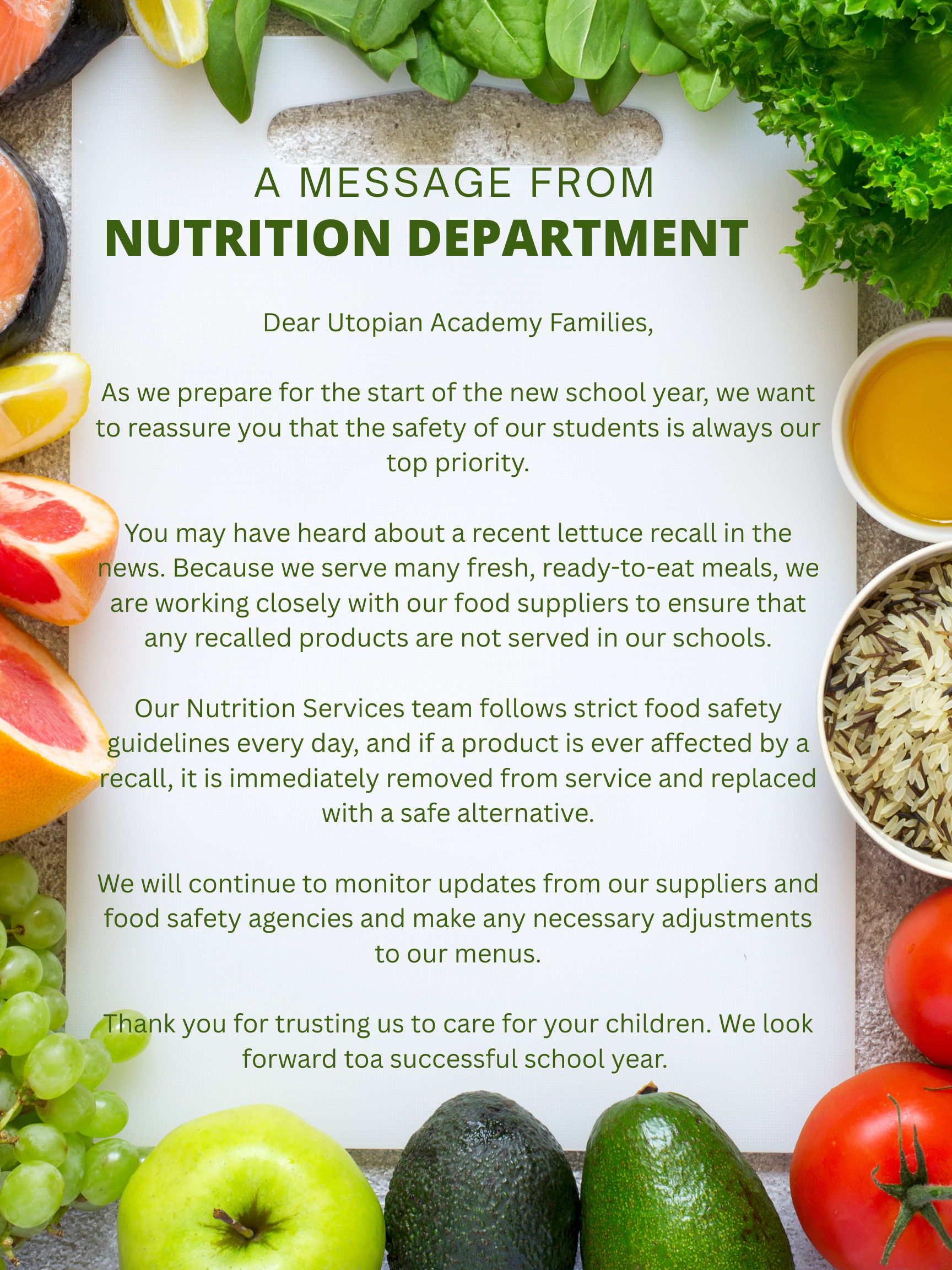 A Message from Nutrition Department - Food Safety Notice